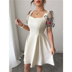 Square Neck Floral Sheer Sleeve Dress